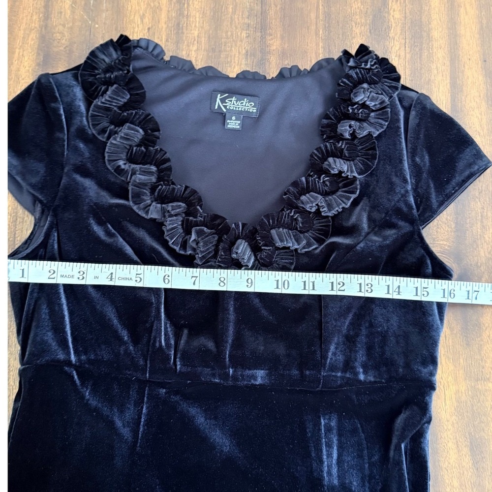 K Studio Collection Black Velvet Ruffle Empire Waist Midi Dress Size 6 Vintage - Picture 10 of 12